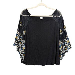 Anthropologie Akemi + Kin Metallic Floral Embroidered Lace Top Small Black